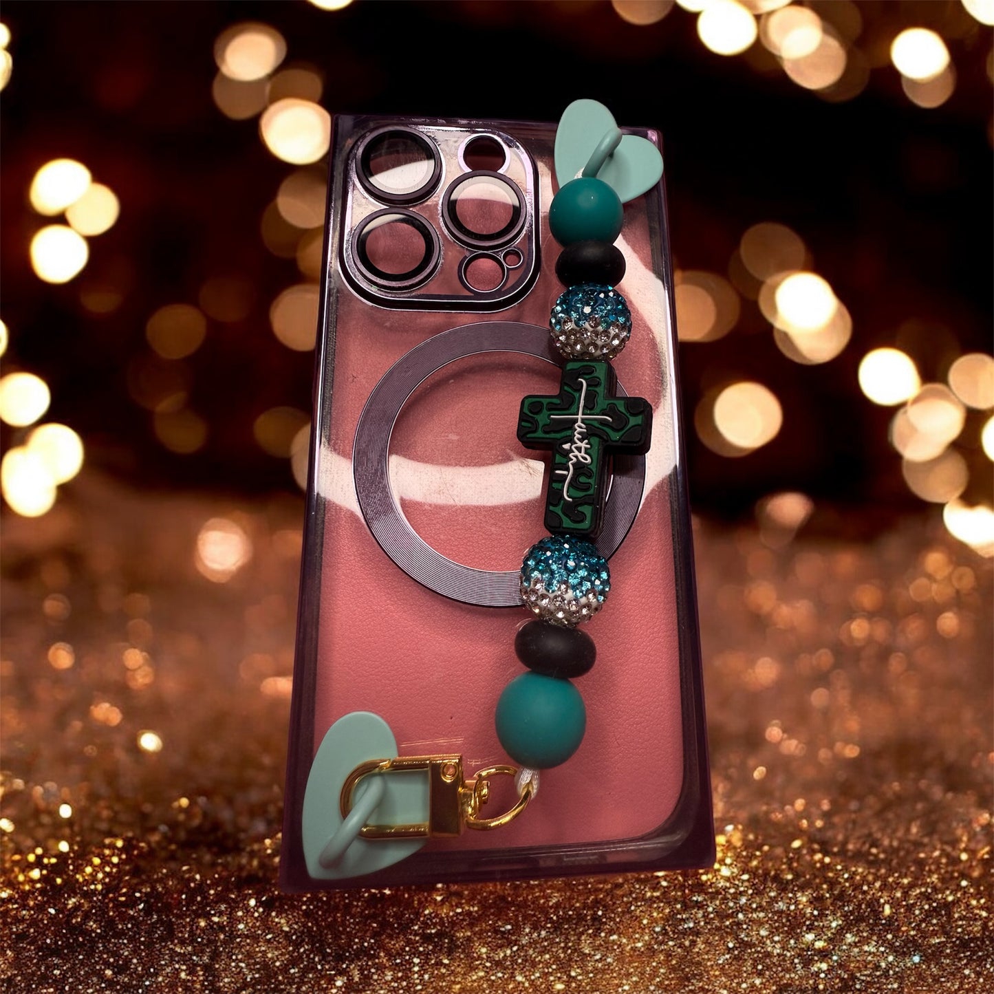 Phone charm chains with adhesive backing