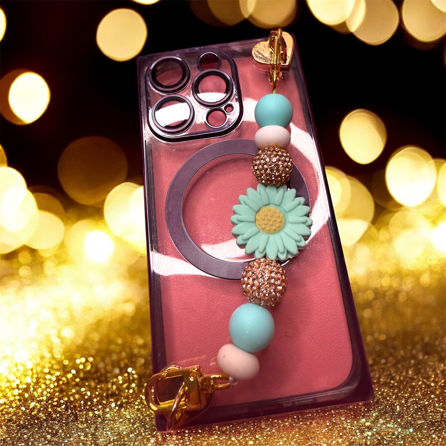 Phone charm chains with adhesive backing