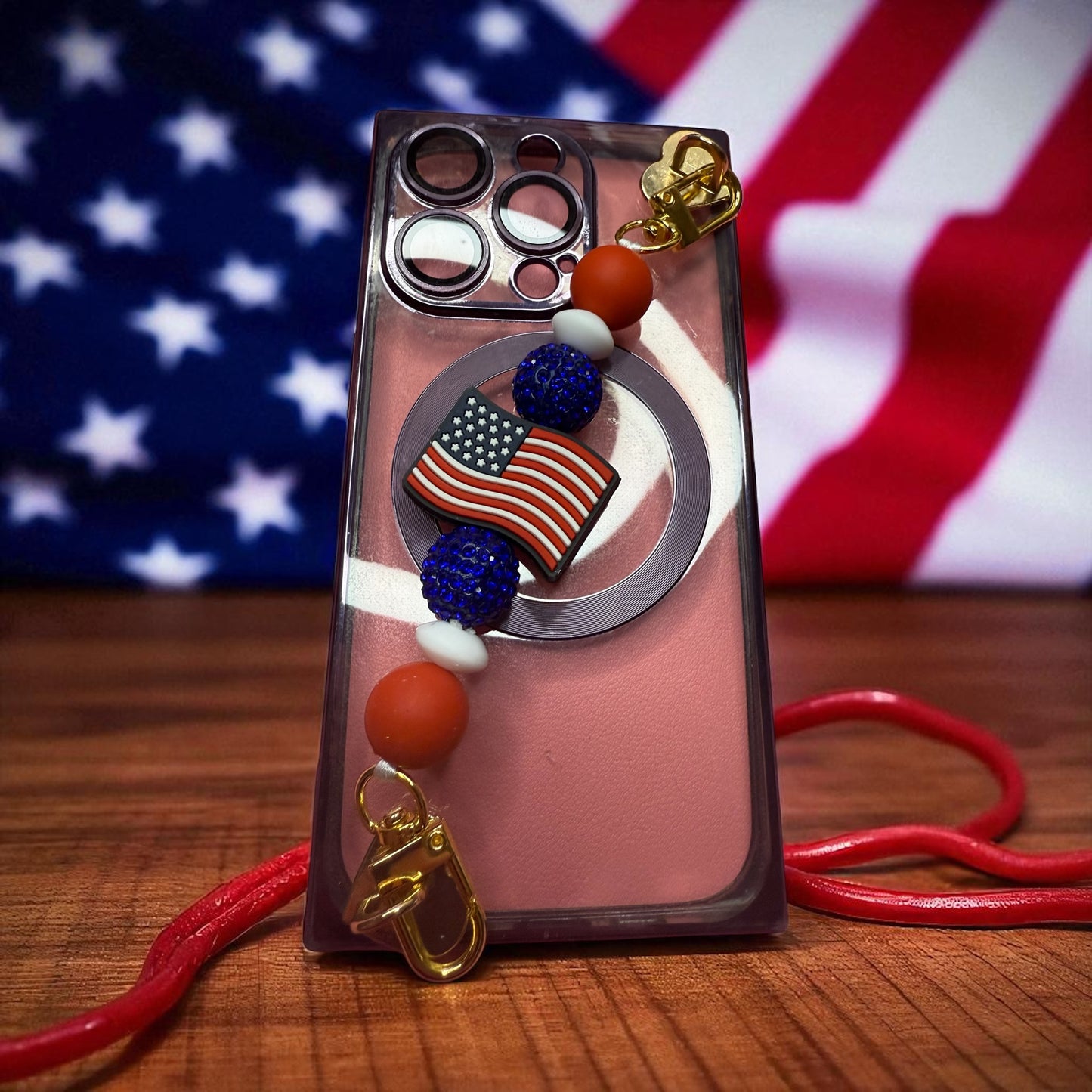 Phone charm chains with adhesive backing
