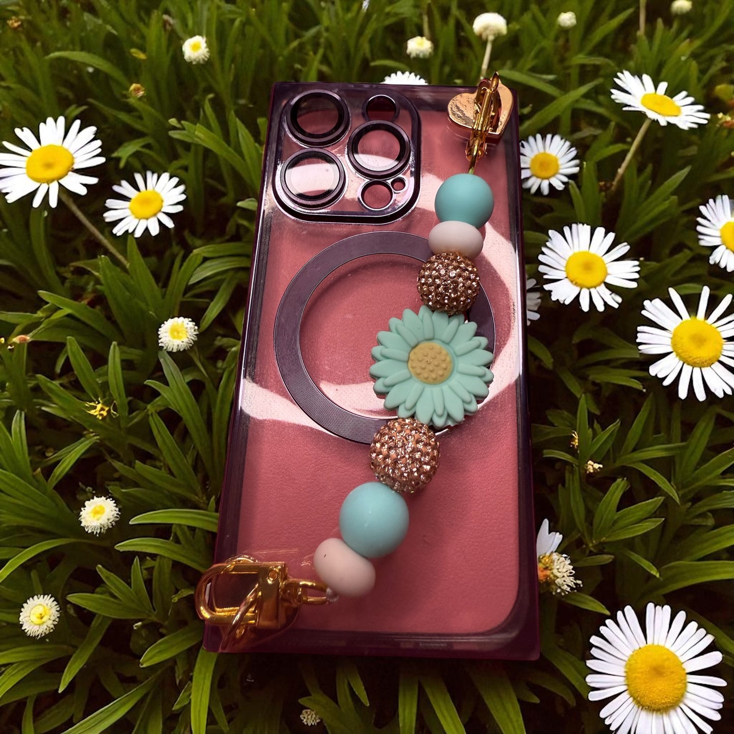 Phone charm chains with adhesive backing