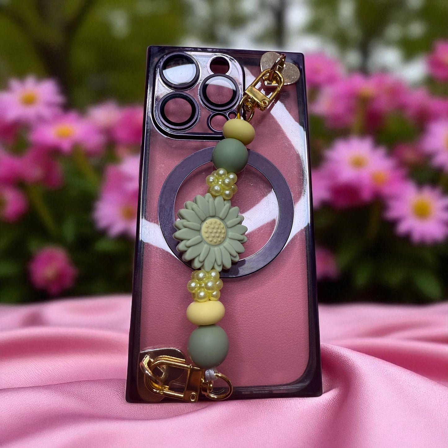 Phone charm chains with adhesive backing